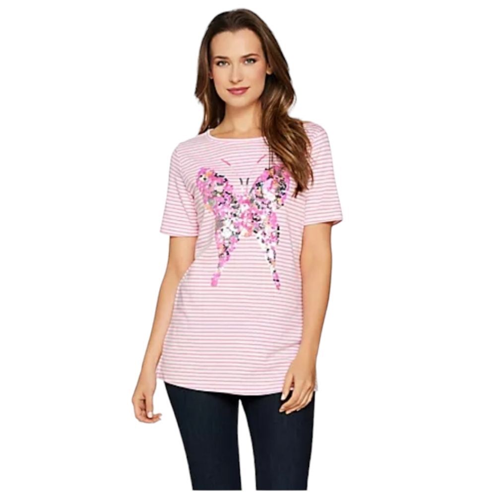 Quacker Factory Butterfly Sequin Striped Short Sleeve T-shirt 1x